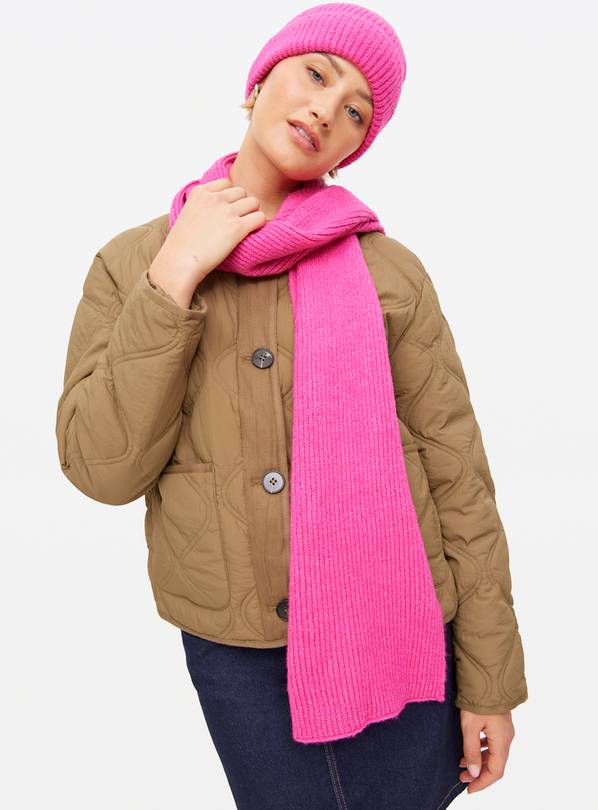 Bright Pink Ribbed Knitted Scarf One Size
